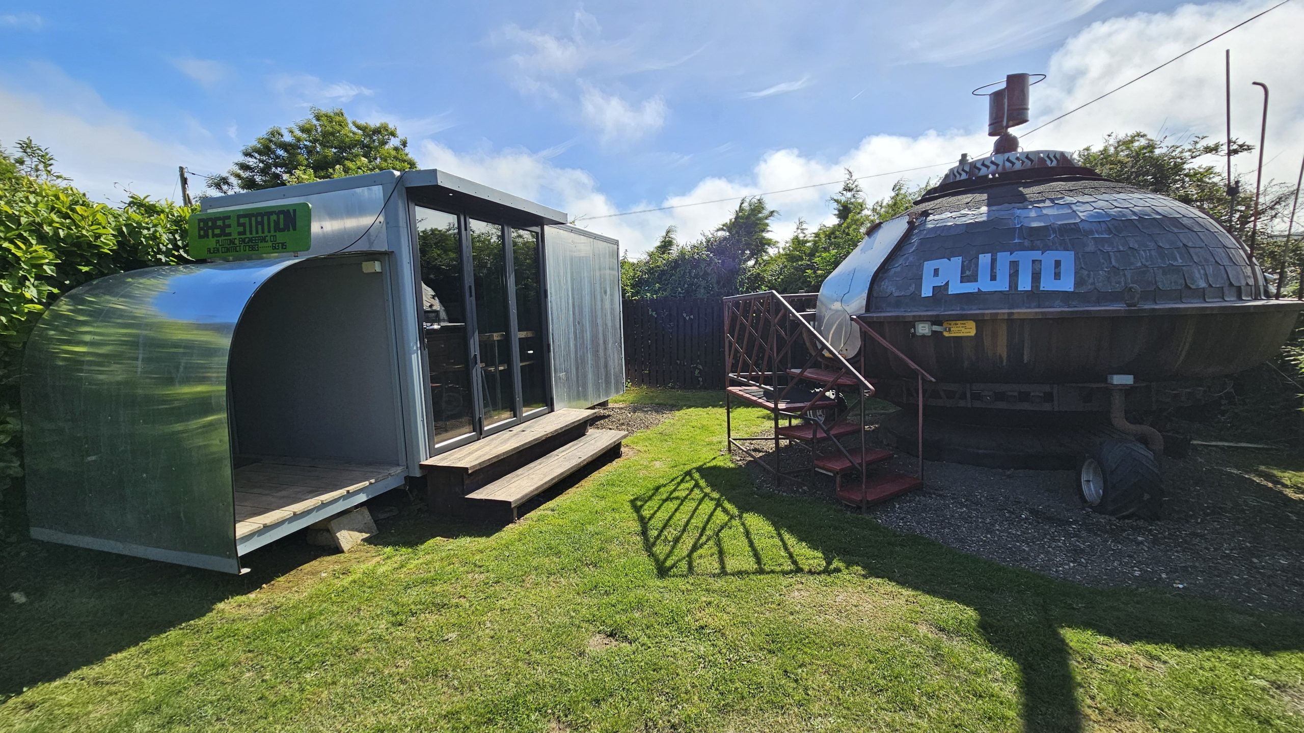 Pluto the UFO glamping pod and adjoining Basestation cabin at Windmill Campersite, Isle of Wight.