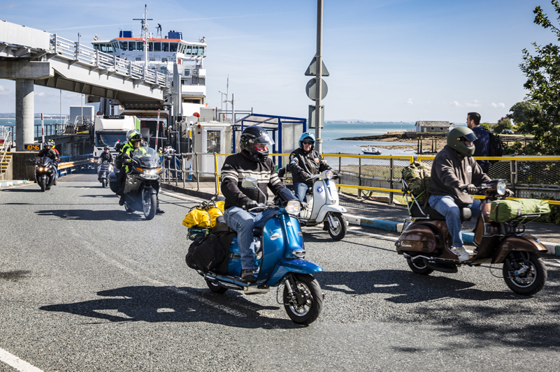 Motorcycles and scooters leave Wightlink ferry