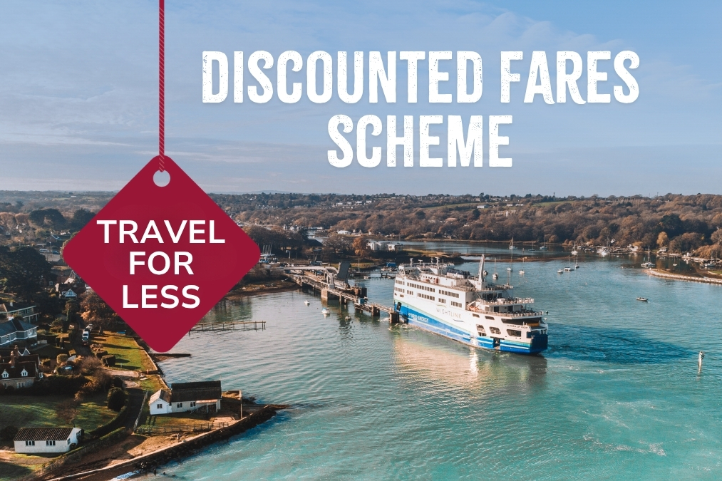 Ferry crossing viewed from above promoting the Discounted Fares Scheme and lower-cost travel.