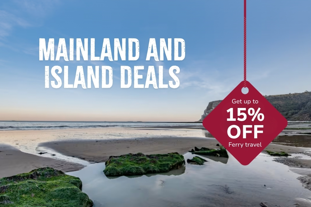Coastal beach scene with rocky shoreline and shallow water at low tide. Promotional text reads: "Mainland and Island Deals – Get up to 15% off ferry travel."