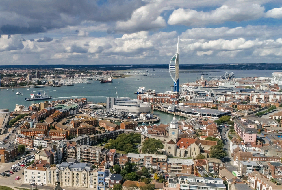Drone photograph of Portsmouth featuing the Spinnaker Tower and Portsmouth Harbour