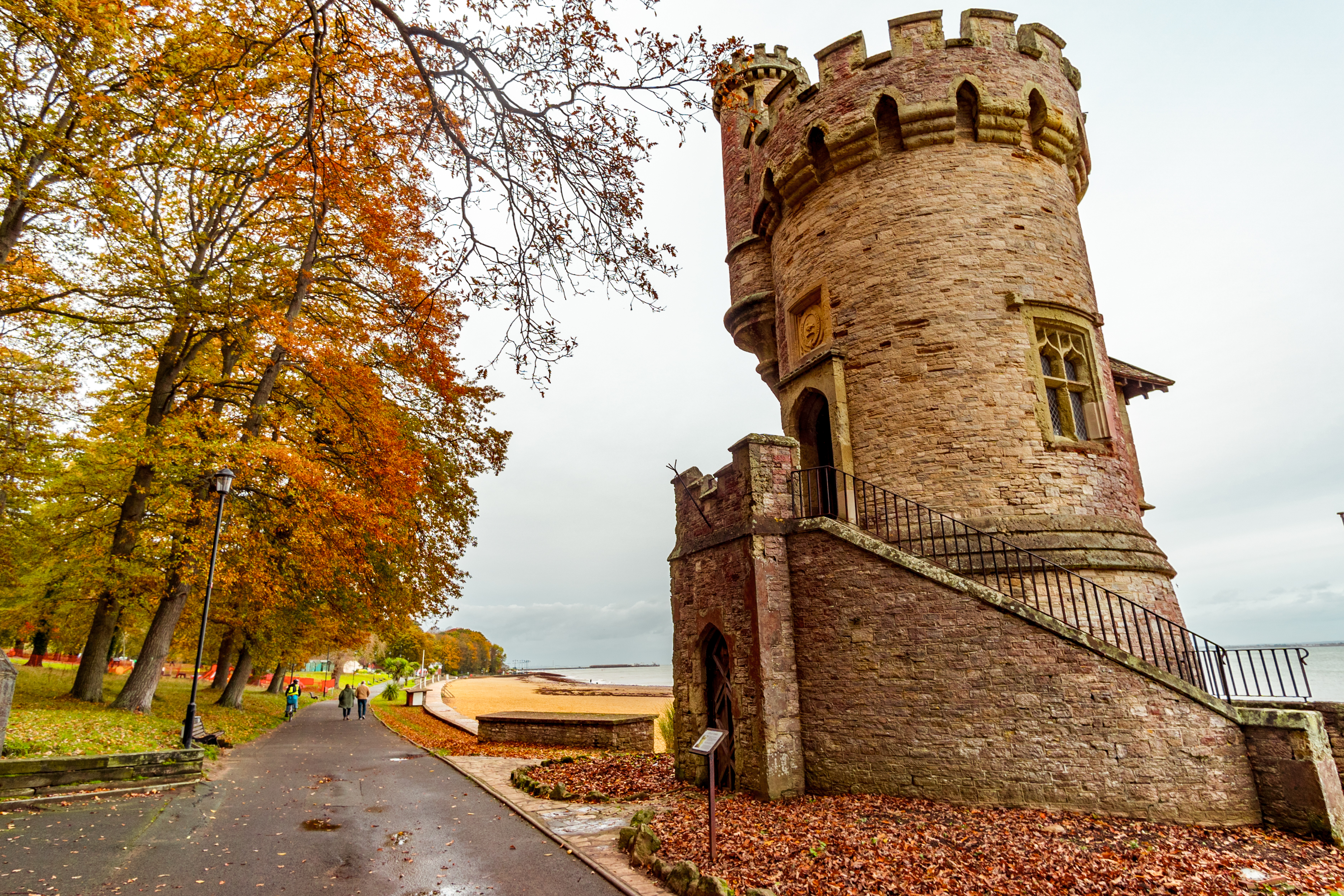 Appley Tower in Ryde on the Isle of Wight, in autumn, next to trees and a path