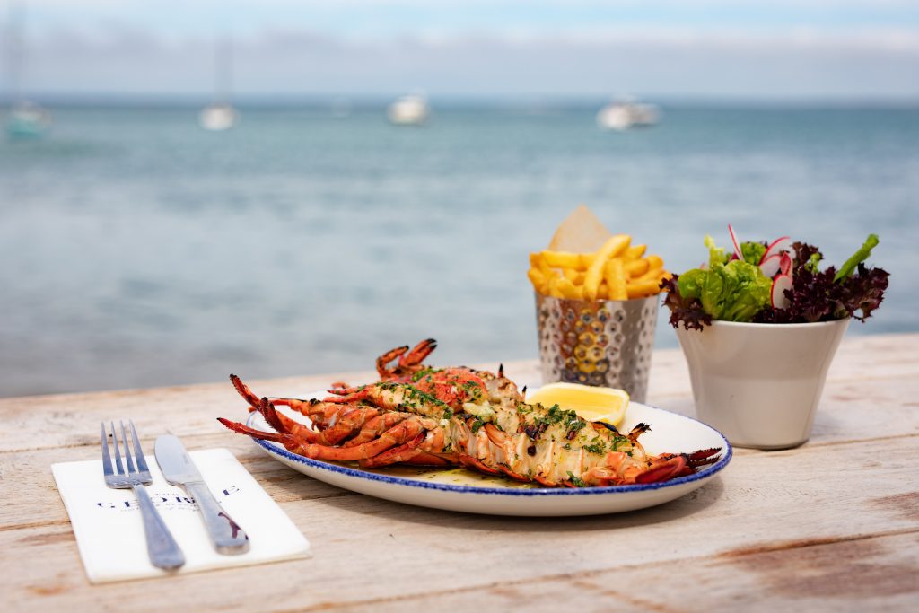 A plate of lobster with a silver tumbler of fries and a bowl of salad, on a wooden table overlooking the ocean.