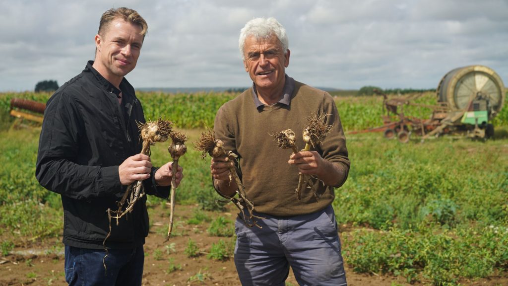 Chef James Tanner holding garlic at the Garlic Farm, Isle of Wight