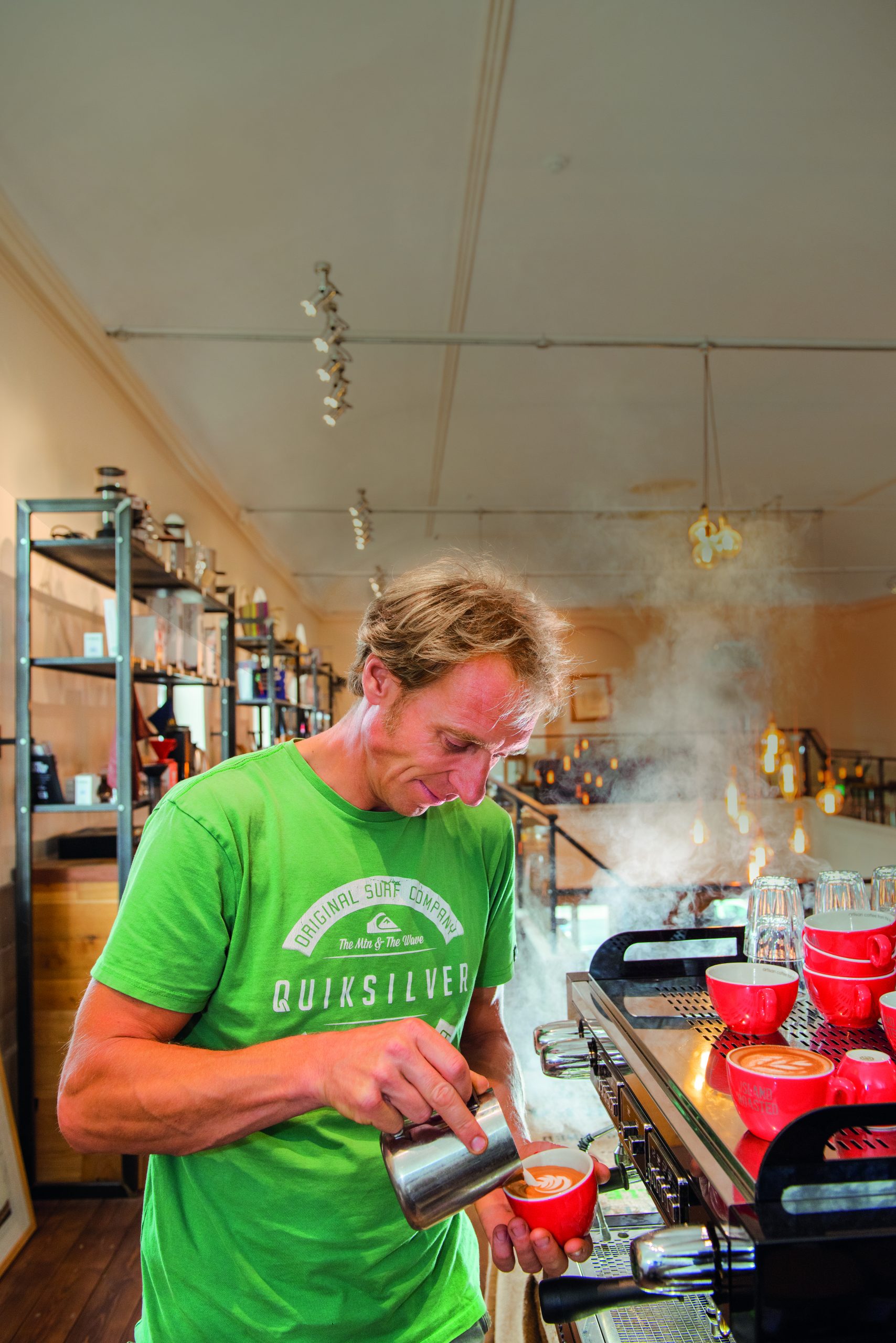 Islander Dan Burgess puring coffee at Caffè Isola, Isle of Wight