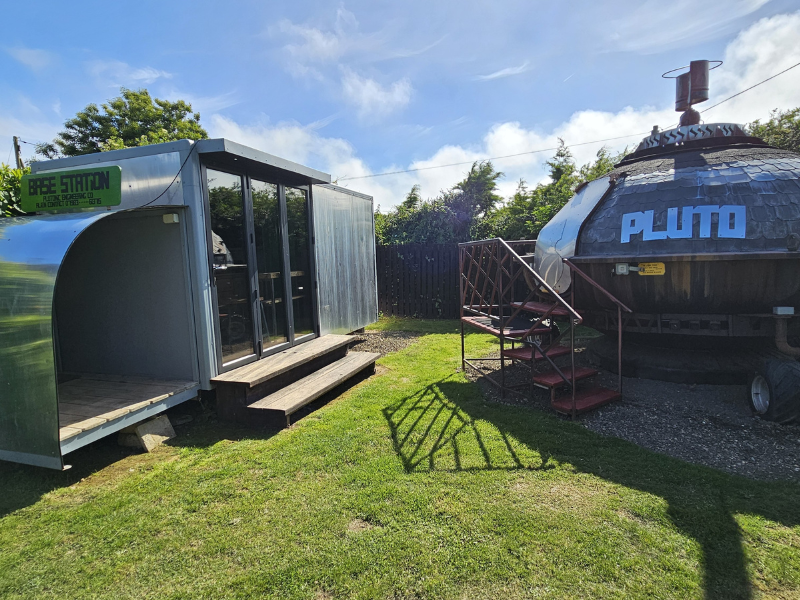 Two unusual glamping pods - Pluto UFO and Basestation at Windmill Campersite on the Isle of Wight