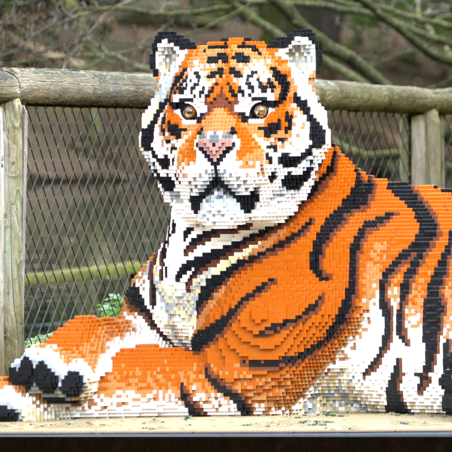 A tiger constructed from plastic bricks at Gunwharf Quays, Portsmouth