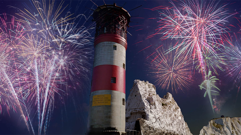 Fireworks over the lighthouse at The Needles Landmark Attraction.