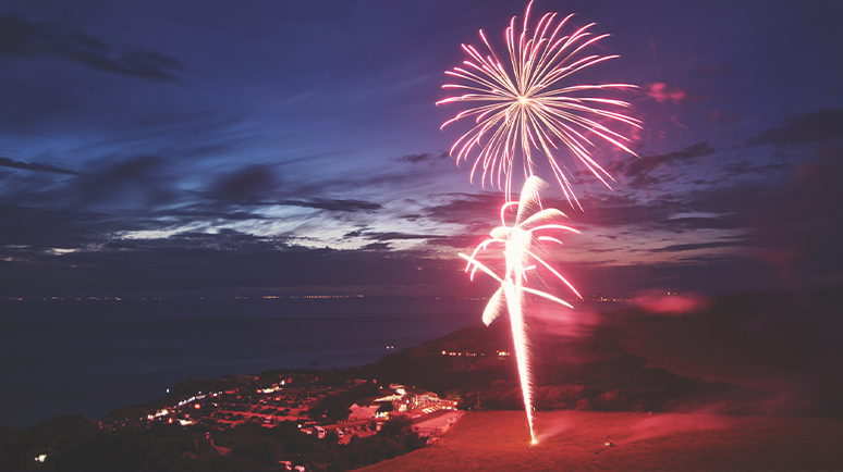 Drone shot of fireworks over The Needles Landmark Attraction, Isle of Wight.
