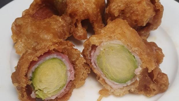 Battered sprouts wrapped in bacon - Corrie's Cabin, Isle of Wight