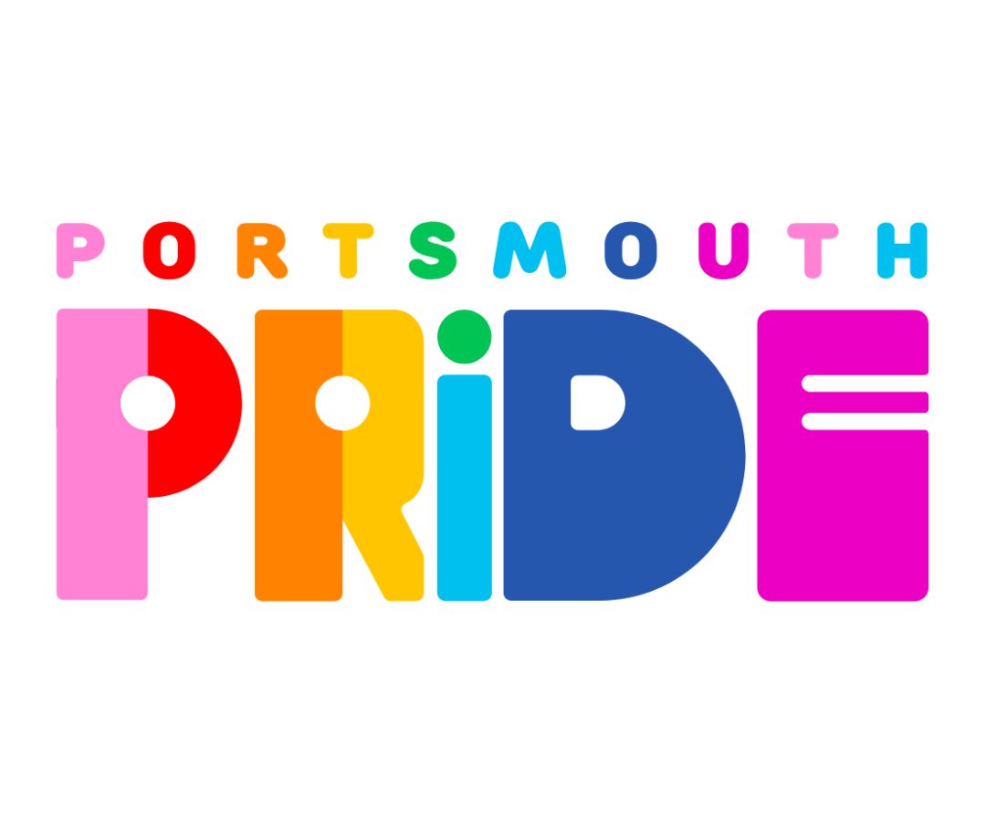 Portsmouth pride logo in a bold rainbow font.