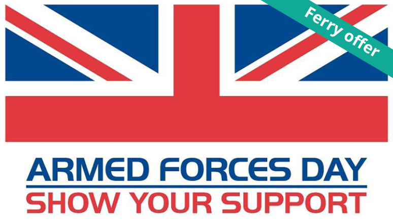 Armed forces day logo with 'ferry offer' green banner in top right.