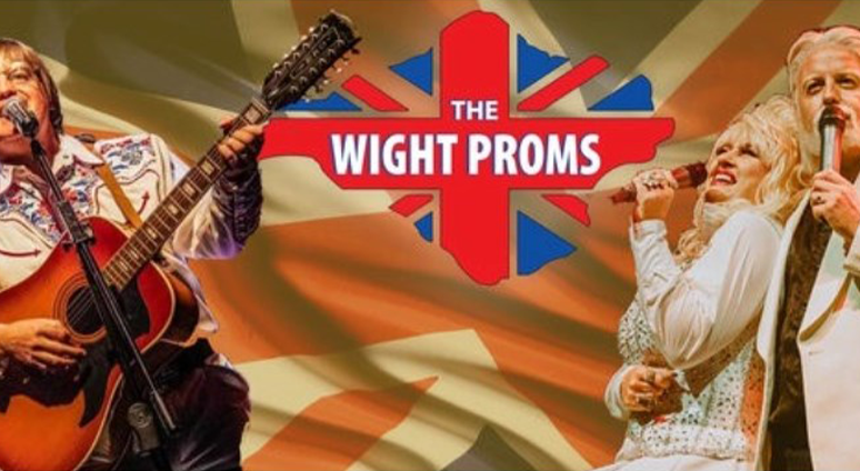 The Wight proms logo with tribute acts singing in the background, including Dolly Parton tribute.