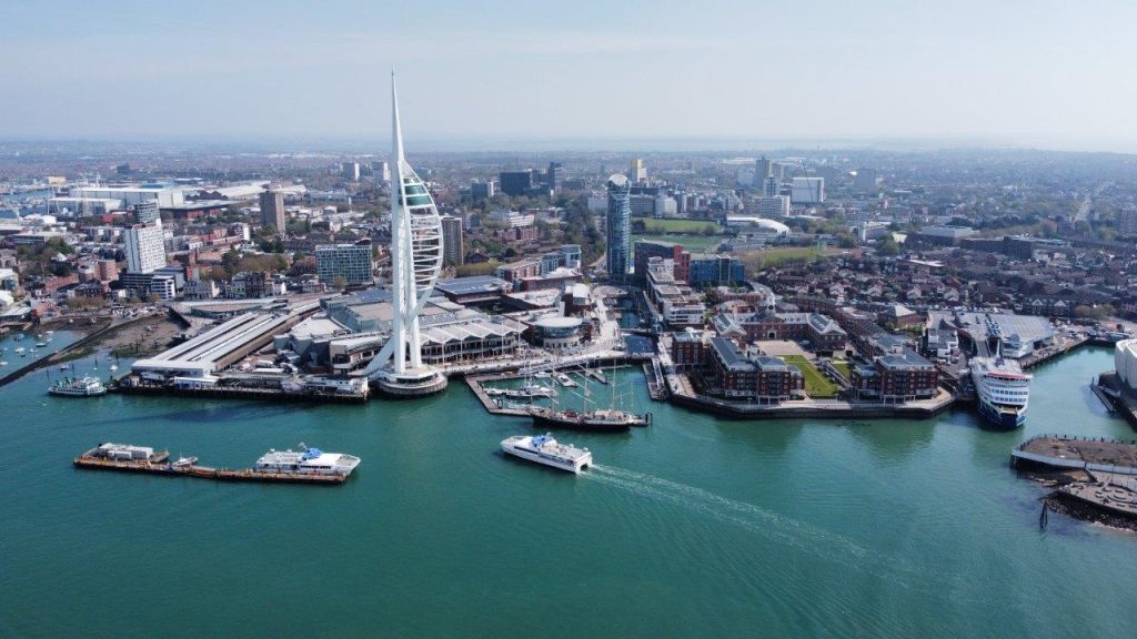 An aerial picture of Portsmouth Harbour showing Gunwharf, the Spinnaker Tower and Wightlink ships - thanks to Ben Rue