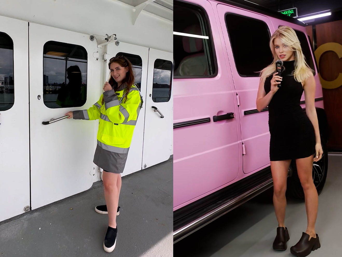 Two photos side by side of the Mercedes ASMR Tik Tok and Wightlink Ferries