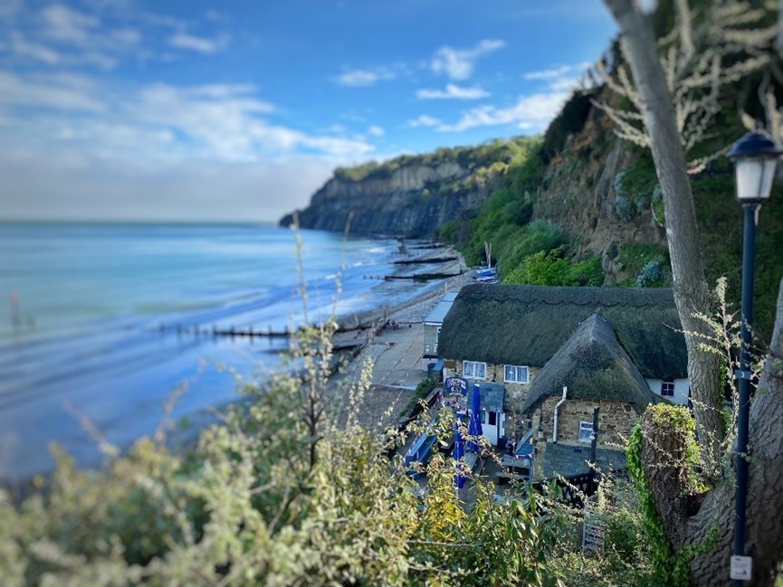 A bay with beach and cliffs, with a thatched roof pub in the foreground