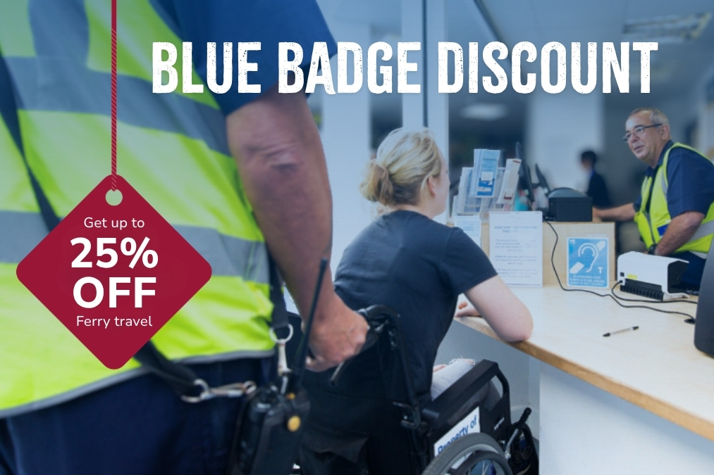 Blue Badge Discount promotion showing ferry terminal assistance and offering up to 25% off ferry travel.