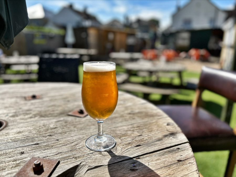 A round wooden table is in the foreground with a half pint of beer on it. You can see the rest of a pub garden in the background - grass, tables and buildings