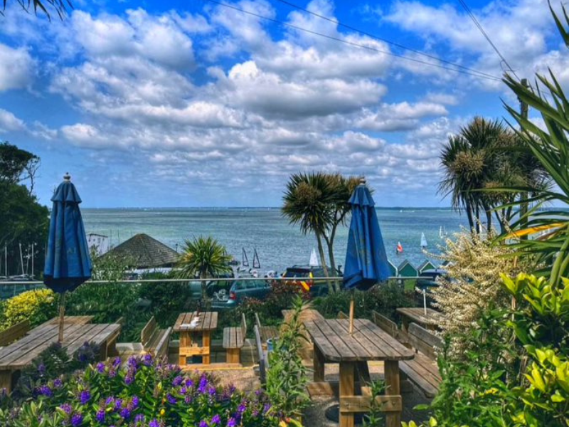 An attractive pub garden with palm trees, flowers and wooden picnic benches with a view out to sea. The sky is blue with white clouds