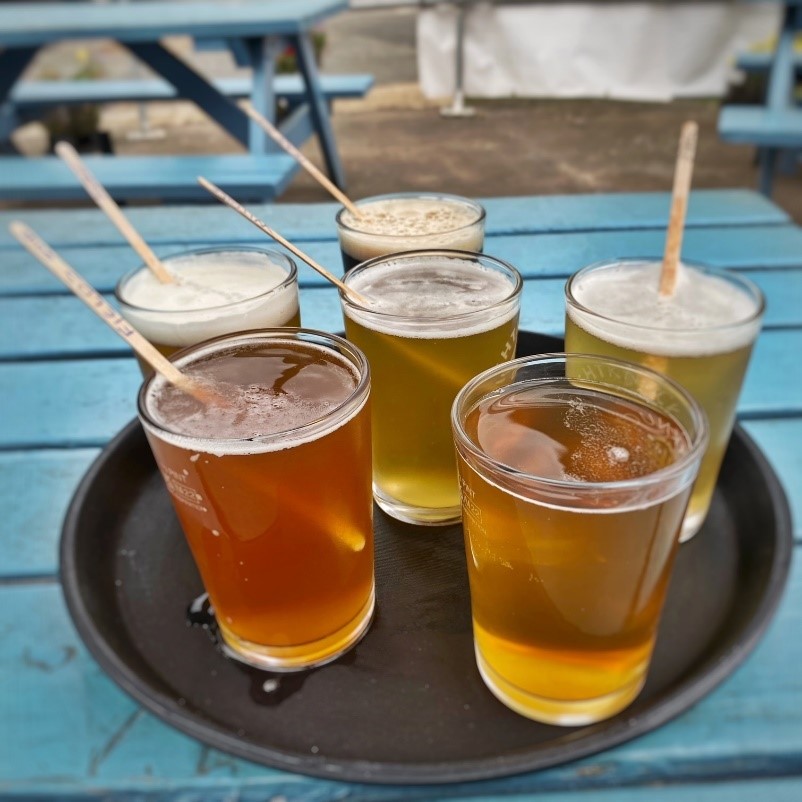 6 glasses of beer, all different varieties and colours, on a plastic bar tray. They all have wooden sticks in to identify the beer. The tray is on a blue wooden picnic table