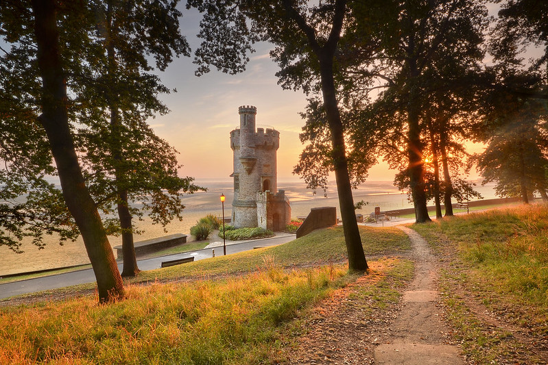 The sun rises over Appley Tower in Ryde on the Isle of Wight