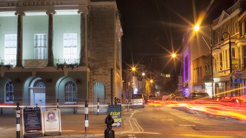 The Guildhall, Newport, at night