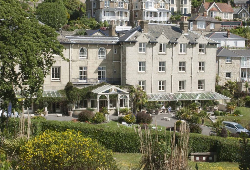 The exterior of The Royal Hotel in Ventnor on the Isle of Wight on a bright, spring day