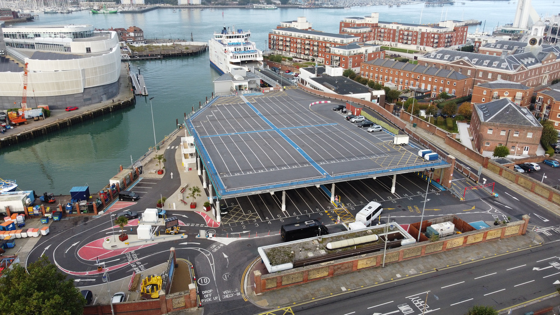 Aerial perspective of the lanes and entrance at Wightlink's Portsmouth Gunwharf port