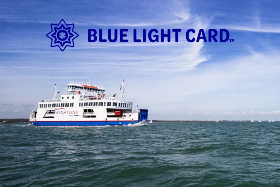 A Wight Class Wightlink ferry sails in the Solent, with the Blue Light Card logo overlaid