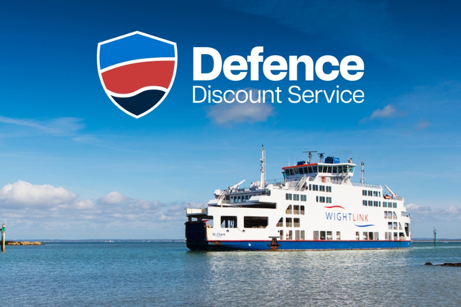 The St Clare Wightlink ferry sails in the Solent, with the Defence Discount Service logo overlaid