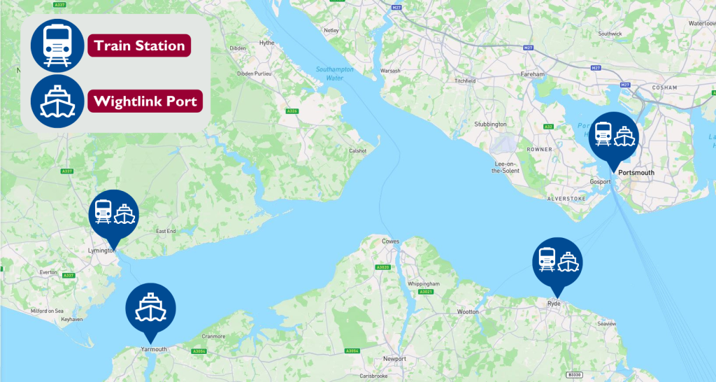 A map showing Wightlink ports in relation to local train stations on both the mainland and Isle of Wight