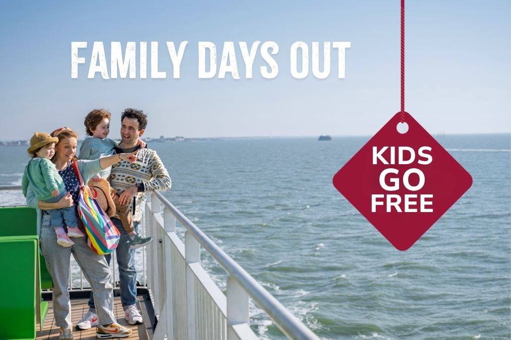Family enjoying time together on a ferry deck, looking out across the Solent with another ferry in the distance and the text “Family Days Out”.