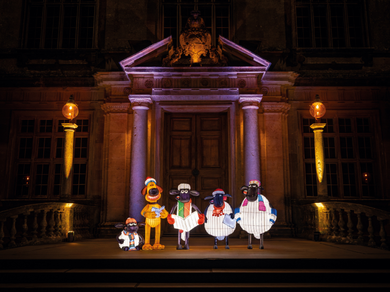 Characters from Wallace and Gromit are lit up as illuminated displays at Longleat