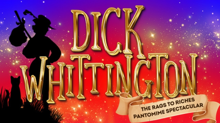 Colourful promotional poster for the pantomime Dick Whittington, featuring a silhouette of Dick Whittington with his cat against a starry red-to-blue gradient background, with the subtitle “The rags to riches pantomime spectacular.”