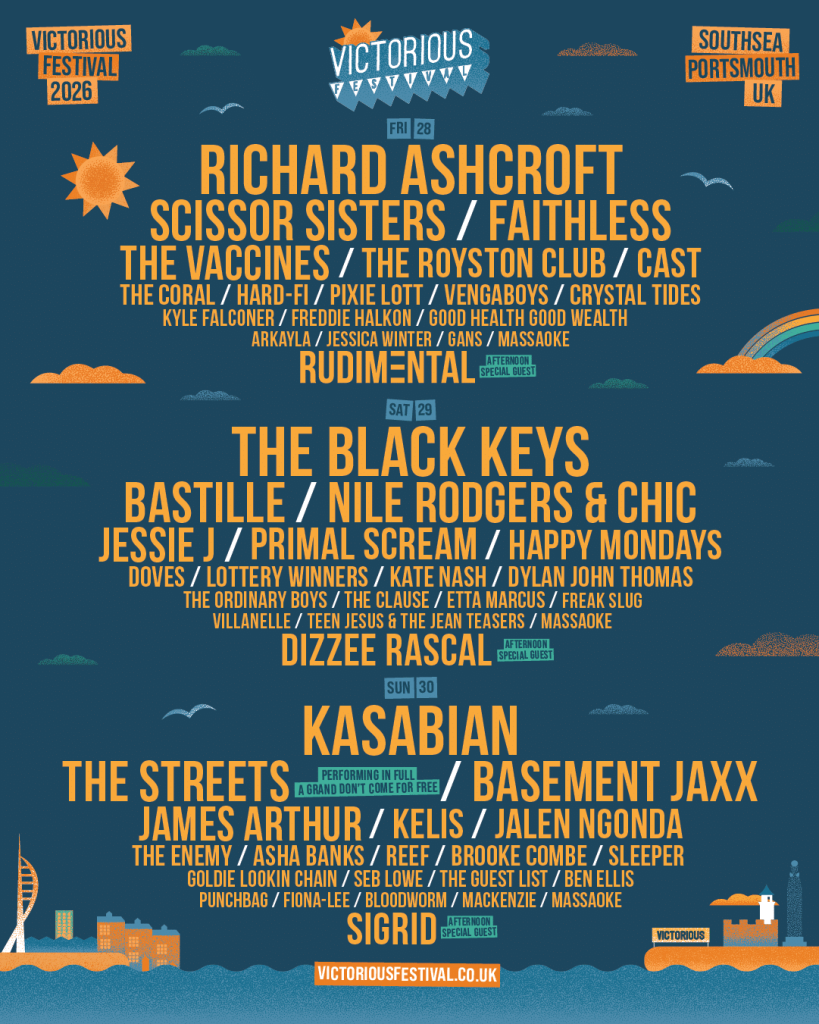 Victorious 2026 line up poster, featuring headliners Richard Ashcroft, The Black Keys and Kasabian.