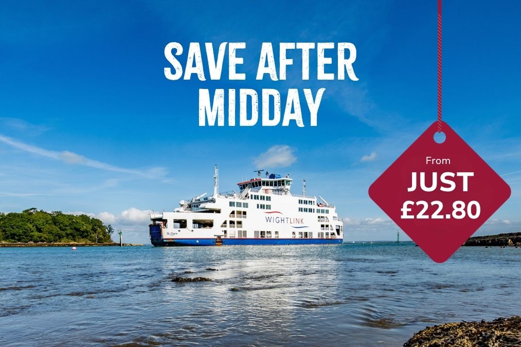 A Wightlink FastCat travelling across calm blue water with a coastline in the distance, overlaid with the text “Save after midday”.