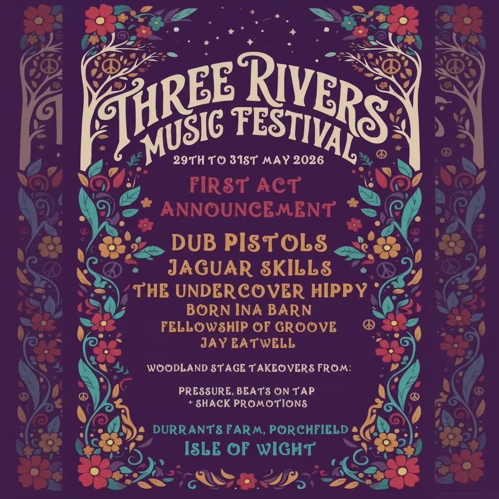 A vibrant, psychedelic-style poster for the Three Rivers Music Festival (29–31 May 2026) listing acts including Dub Pistols, Jaguar Skills, The Undercover Hippy, Born in a Barn, Fellowship of Groove, and Jay Eatwell, plus woodland stage takeovers by Pressure, Beats On Tap, and Shack Promotions. Decorative floral and peace-symbol artwork surrounds the text. Location: Durrants Farm, Porchfield, Isle of Wight.