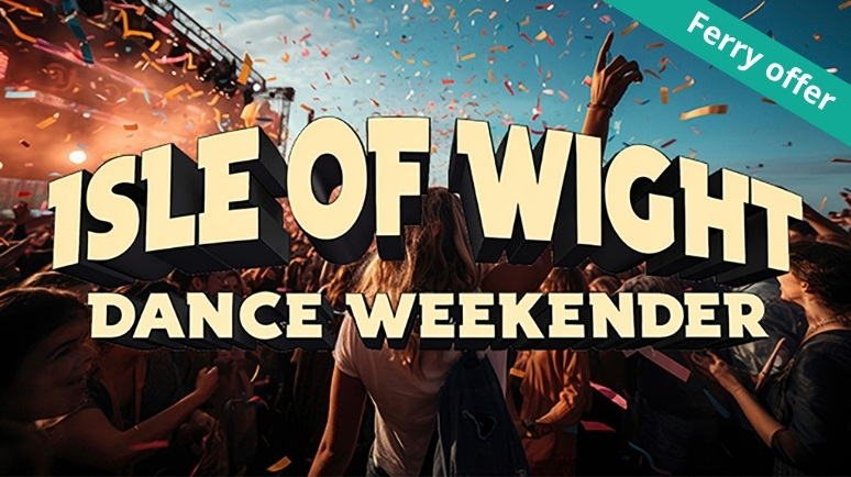 A logo reading 'Isle of Wight Dance Weekender'. A banner reading 'Ferry offer' is overlaid.