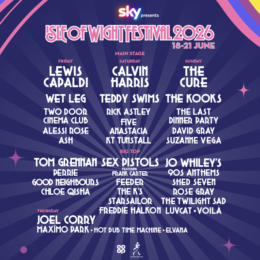 Poster announcing Isle of Wight Festival 2026, taking place 18–21 June, featuring the main stage line-up by day including Lewis Capaldi, Calvin Harris and The Cure, with additional acts such as Wet Leg, Teddy Swims, Rick Astley, The Kooks, Tom Grennan, Sex Pistols, Joel Corry and many more, set on a bold blue and pink festival-themed background.