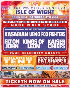 Colourful poster for Sausage and Cider Festival Isle of Wight at Robin Hill on Saturday 4 July, listing tribute acts, family activities and tickets now on sale.