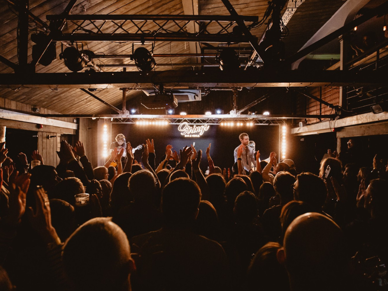 A small independent music venue on the Isle of Wight, full of people and a band on stage