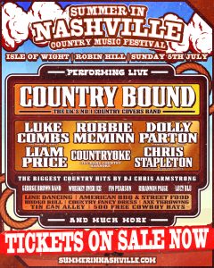 Illustrated event poster for Summer in Nashville Country Music Festival on the Isle of Wight at Robin Hill on Sunday 5 July, featuring live performances by Country Bound and country tribute acts, plus line dancing, food stalls and tickets on sale now.