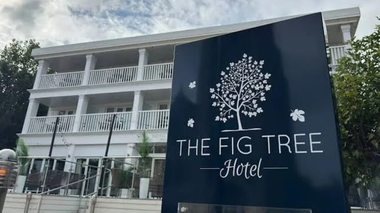 The exterior of The Fig Tree Hotel, showing a white multi-storey building with balconies and a large black sign featuring the hotel’s tree logo.