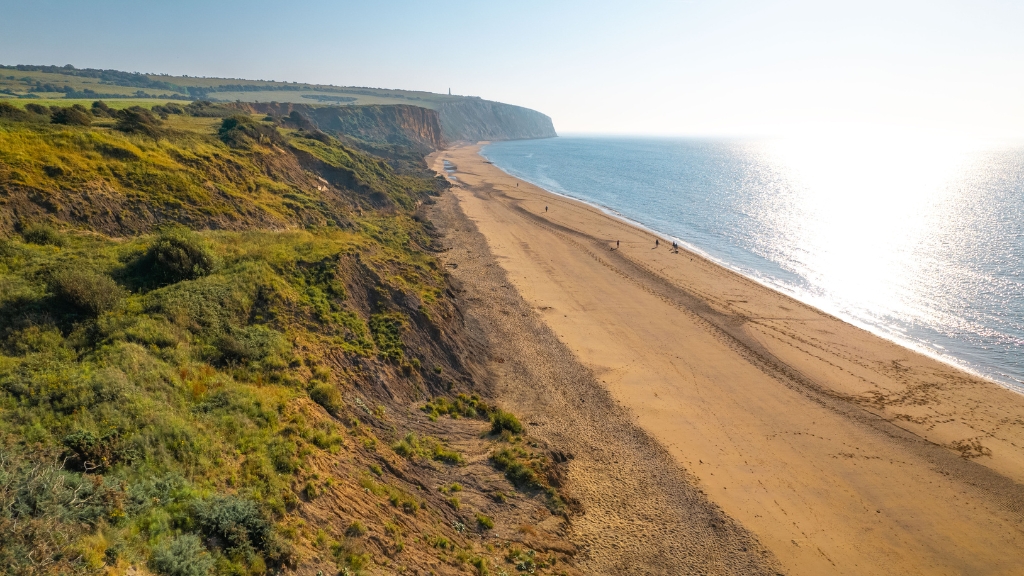 A long sandy beach stretches beneath grassy cliffs, with the coastline curving into the distance under bright sunshine.