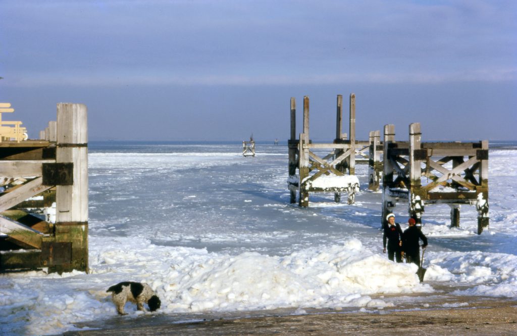 Winter scene at Fishbourne showing frozen sea ice around wooden ferry berths, with two people and a dog standing on the icy shoreline.