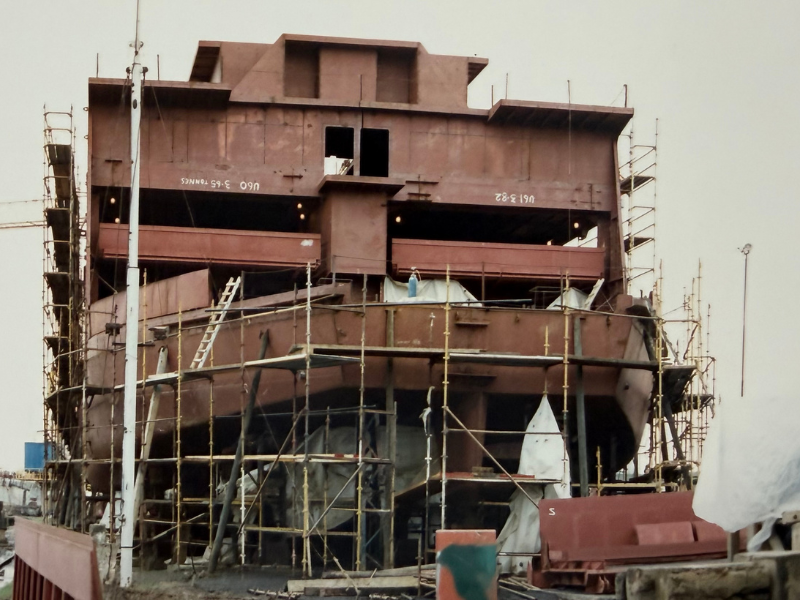 A ferry being constructed at a shipyard - it's Wightlink's St Faith