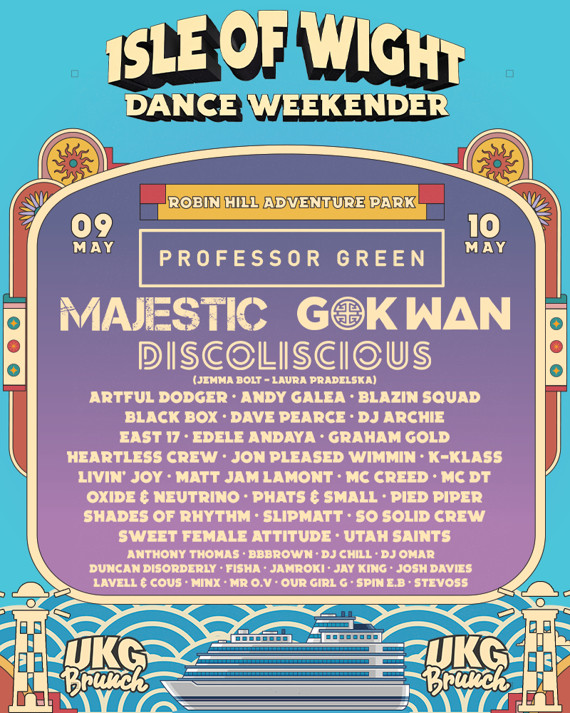 Line-up poster for Isle of Wight Dance Weekender at Robin Hill Adventure Park on 09–10 May, featuring headliners Professor Green, Majestic, Gok Wan and Discoliscious, with a full programme of UK dance and garage artists listed below in a retro illustrated design.