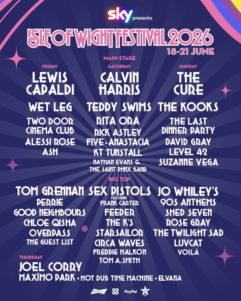 Poster announcing Isle of Wight Festival 2026, taking place 18–21 June, featuring the main stage line-up by day including Lewis Capaldi, Calvin Harris and The Cure, with additional acts such as Wet Leg, Teddy Swims, Rick Astley, The Kooks, Tom Grennan, Sex Pistols, Joel Corry and many more, set on a bold blue and pink festival-themed background.