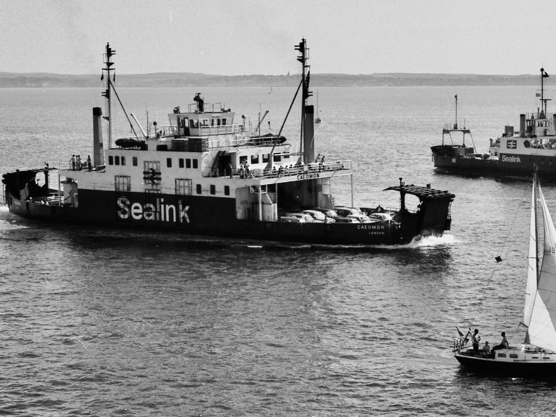 Sealink's Caedmon ferry at sea, a black and white photo. Courtesy of John Hendy