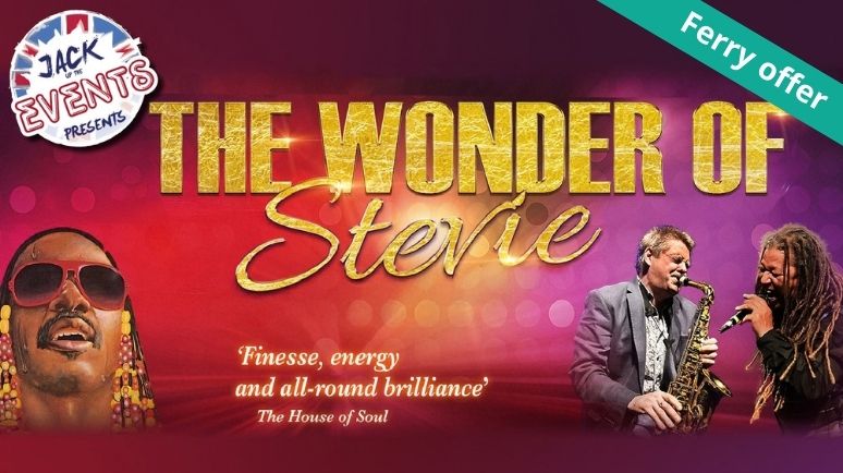 Poster promoting “The Wonder of Stevie”, a Stevie Wonder tribute show presented by Jack Up The Events, featuring performers singing and playing saxophone with a “Ferry offer” banner.